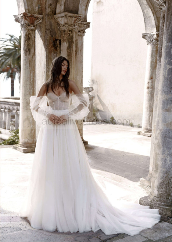 Beaded White Tulle Exquisite Wedding Dress With Removable Sleeves